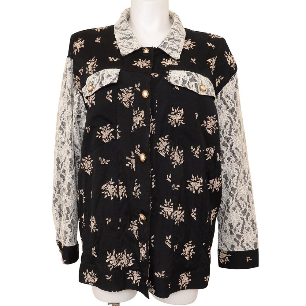 Lacy After Noon PLUS 2X Floral Lace Pearl Button Down Shirt Blouse Made in‎ USA